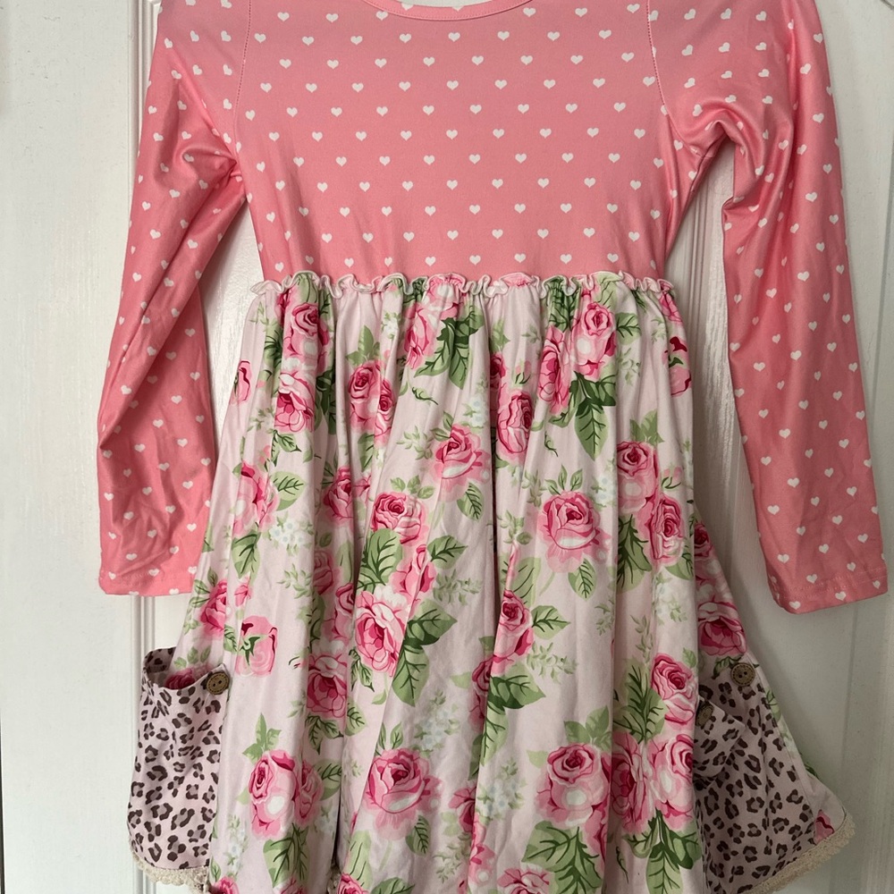 cheeky plum Pink Heart Top Floral Rose Skirt Girls Dress